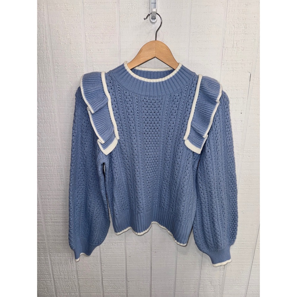 Umgee Sweater Women Blue Ruffle Trim Pointelle Knit Puff Sleeve NWT Size S